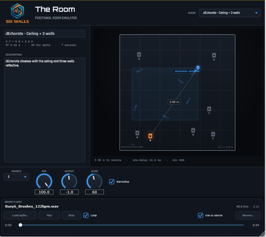 The Room plugin UI: a top-down room view with a draggable microphone puck, source markers, a room selector, and mix / output / glide knobs